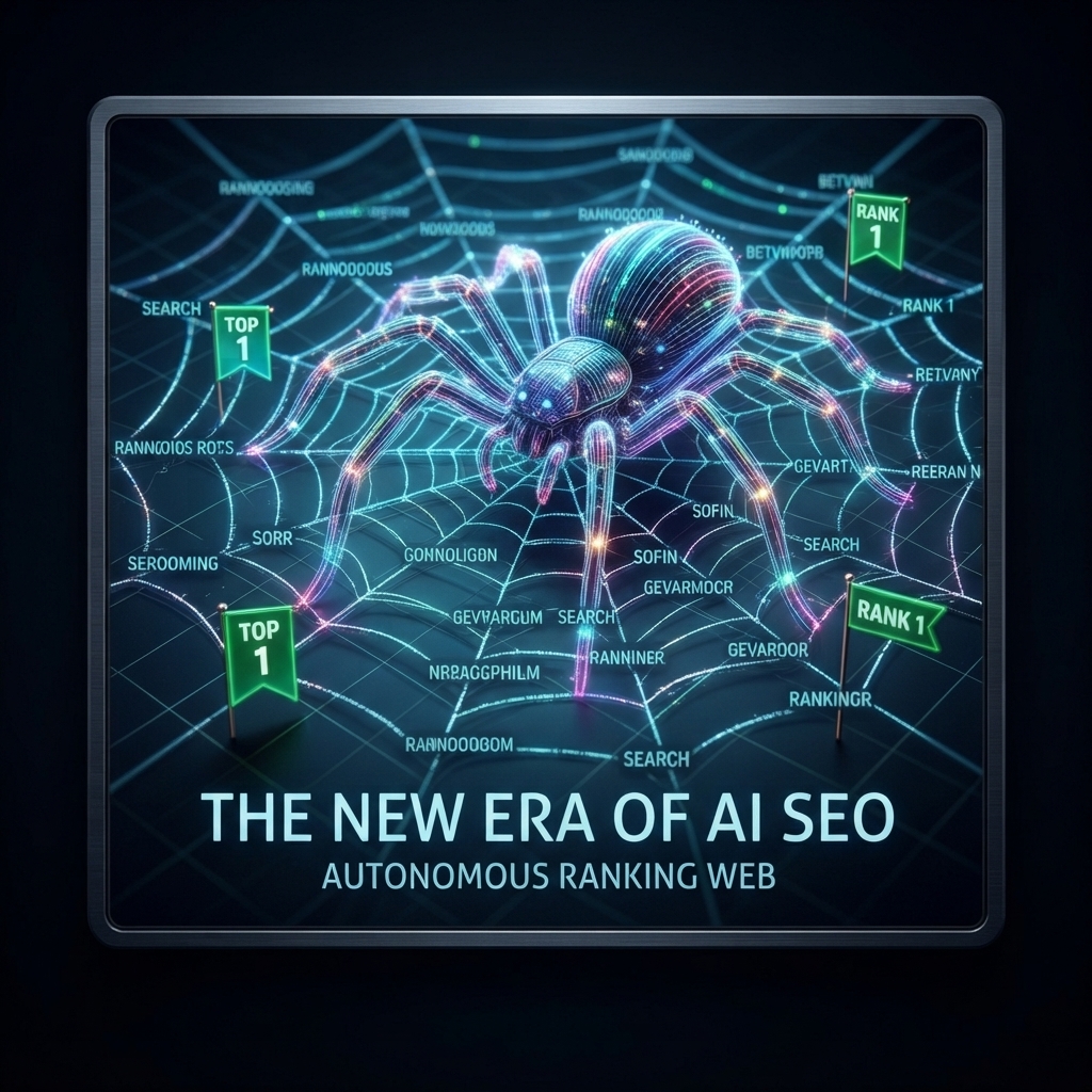 Illustration showing AI SEO, search crawling and ranking visibility across a connected web