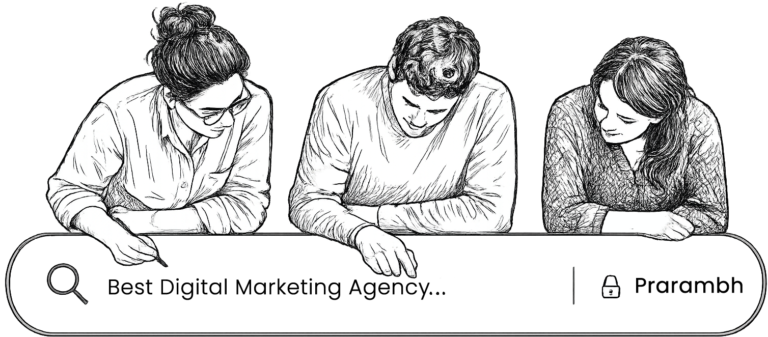 Illustration showing people researching digital marketing services through online search
